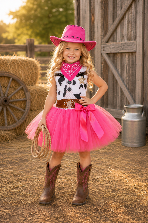 A young girl modeling a pink and black cowgirl costume in a rustic barn setting. The costume includes a bright pink cowboy hat, pink bandana, black and white cow print top, pink tutu skirt with a large pink bow, and a brown faux-leather belt.