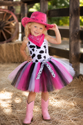 Girls pink cowgirl tutu costume with cow print dress pink cowboy hat and bandana