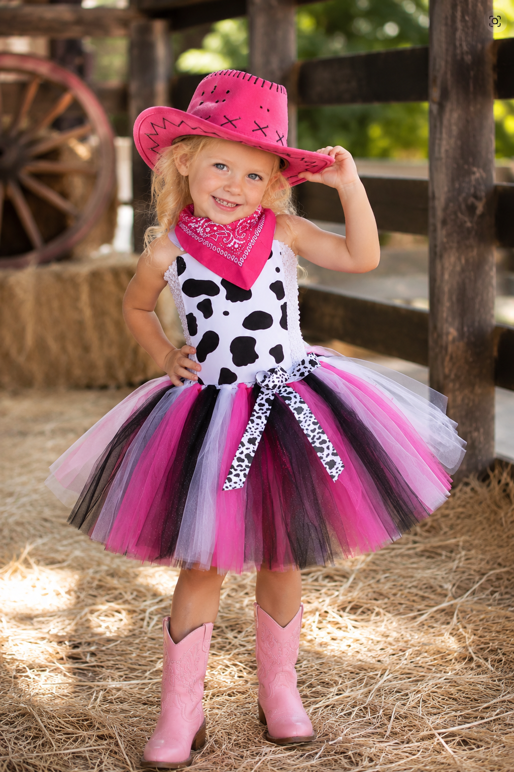 Girls pink cowgirl tutu costume with cow print dress pink cowboy hat and bandana