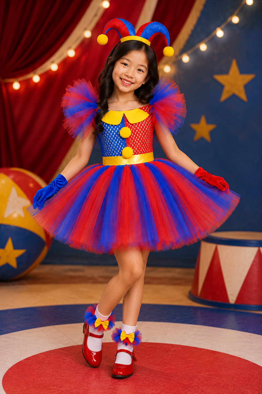 Pomni inspired red and blue tutu dress costume set for girls with jester headband and matching gloves