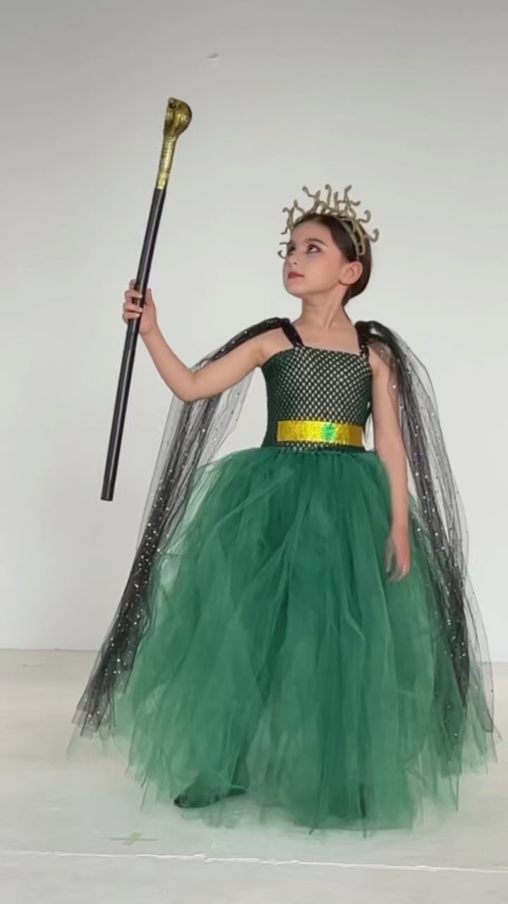 Mystic Medusa Goddess Costume Dress Set for Girls – Snake Crown, Cape & Staff