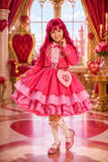 A young girl with long pink hair stands in a heart-themed room wearing a bright pink Lolita-style outfit with a tiered skirt, matching jacket, white knee socks, pink shoes, and a heart-shaped pink bag.