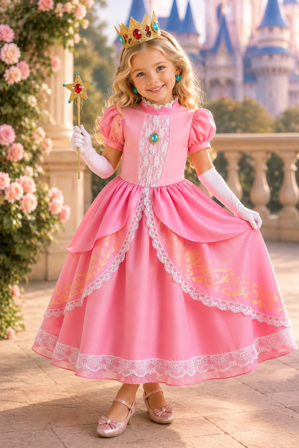 Princess Peach costume dress and accessory set for girls with crown gloves wand and earrings