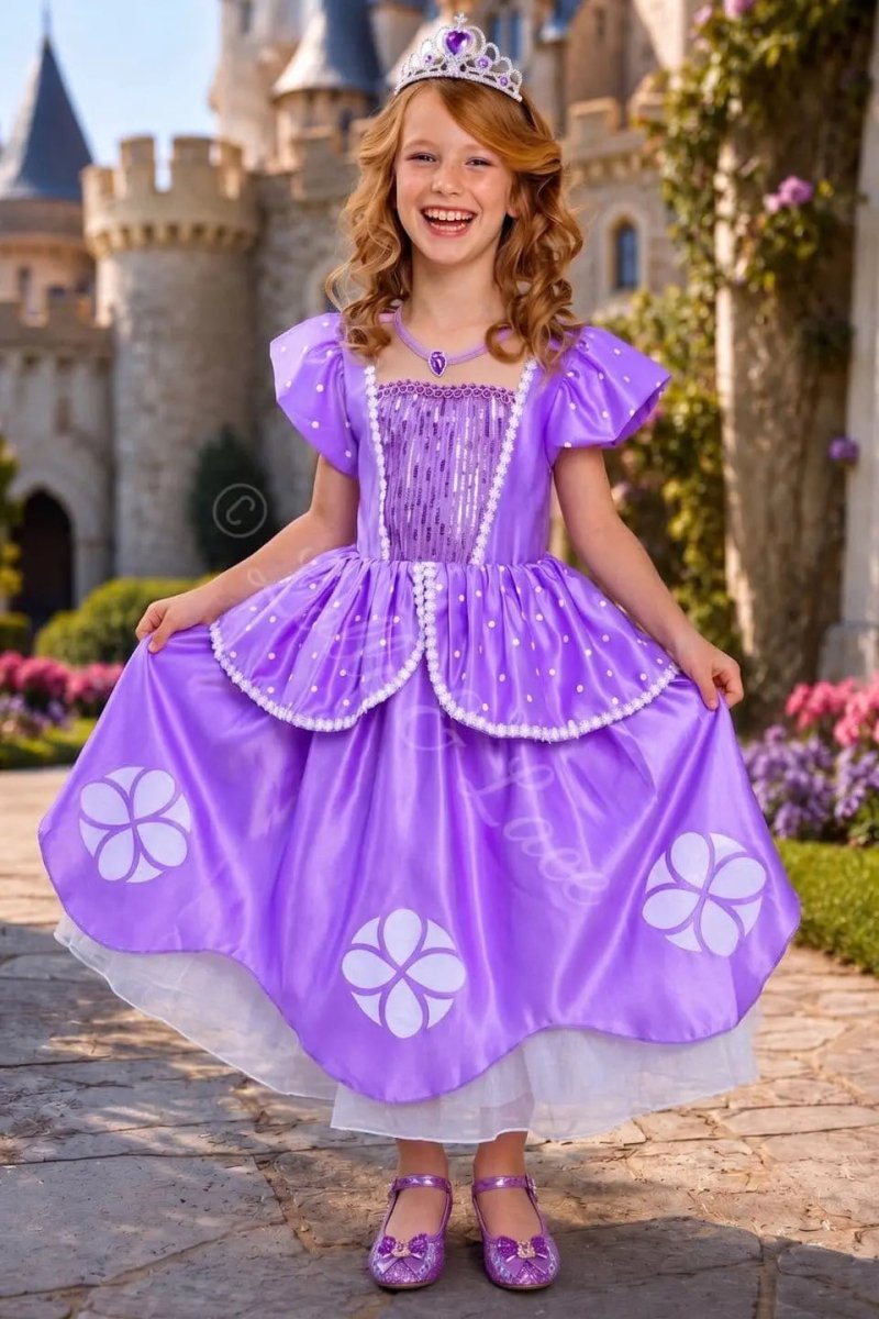 Princess Sofia Inspired Costume Set for Girls – Lavender Royal Dress, Tiara, Wand, Gloves, Purse & Jewelry