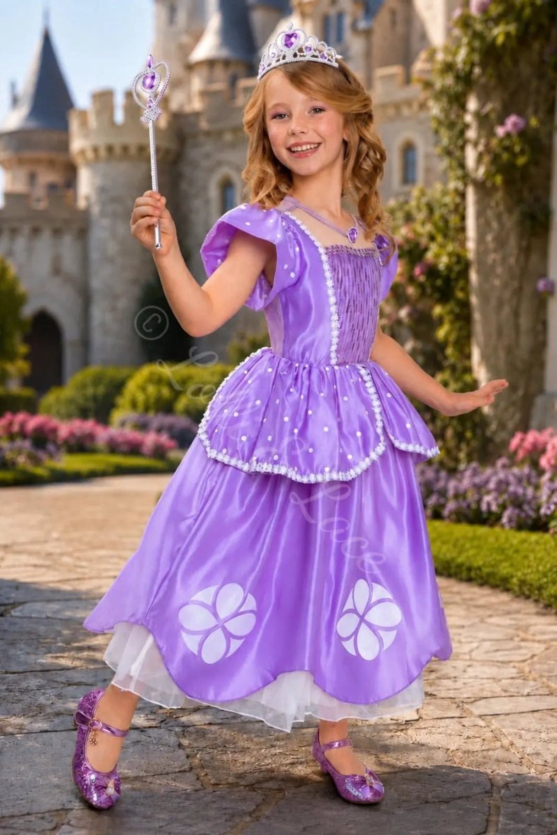 Princess Sofia Inspired Costume Set for Girls – Lavender Royal Dress, Tiara, Wand, Gloves, Purse & Jewelry