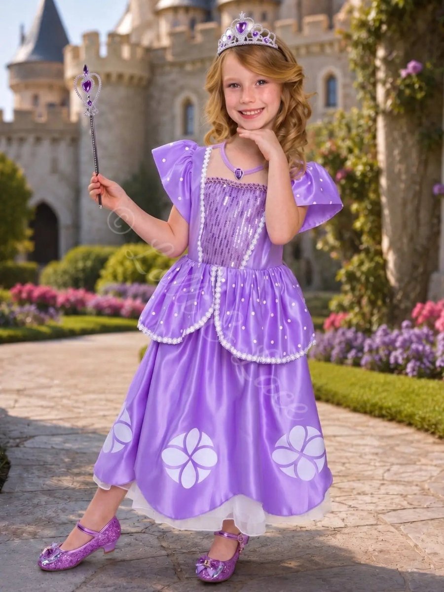Princess Sofia Inspired Costume Set for Girls – Lavender Royal Dress, Tiara, Wand, Gloves, Purse & Jewelry
