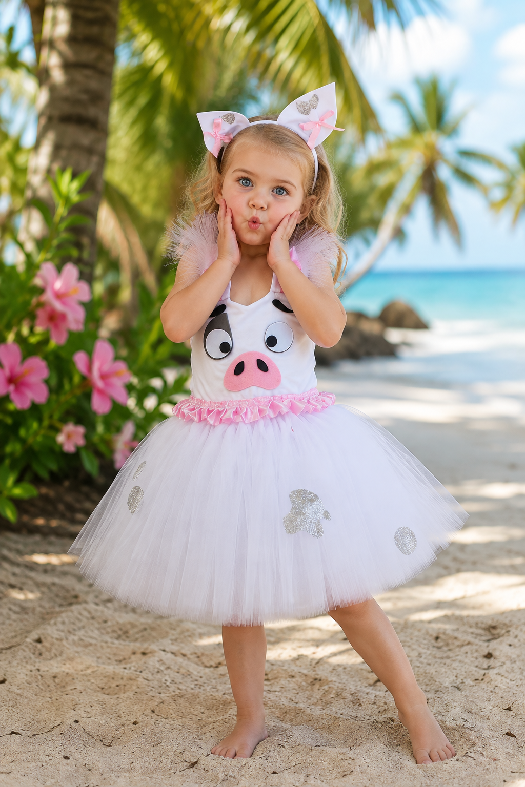 Pua inspired tutu dress and headband costume for girls with white tulle skirt and pink pig details