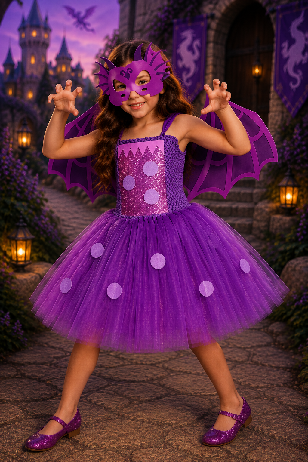 Purple dragon tutu dress costume for girls with matching dragon wings and mask