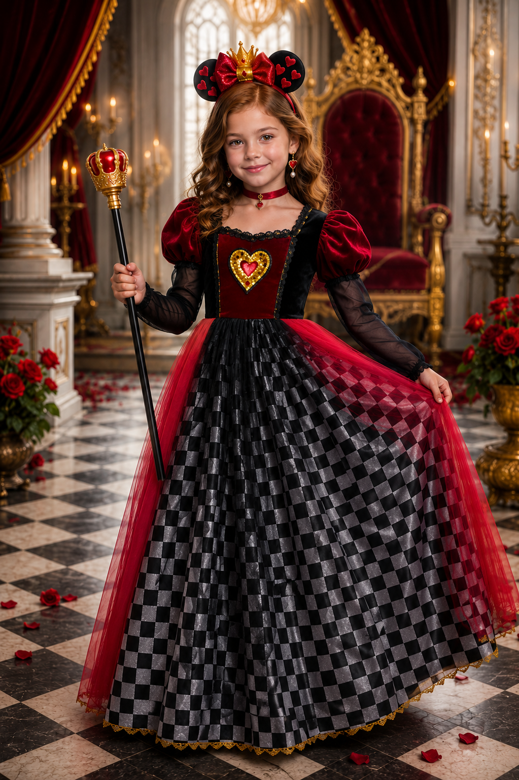 Girls Queen of Hearts costume dress with crown scepter and accessories