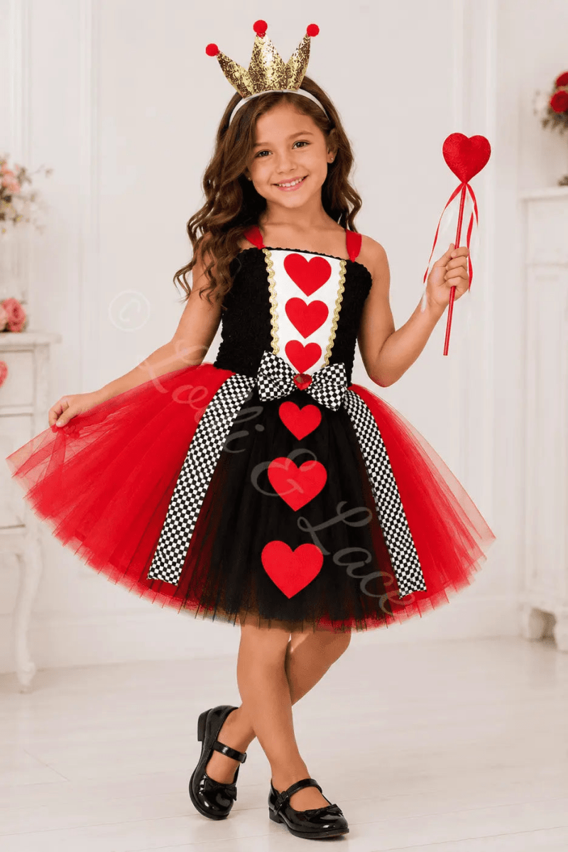 Queen of Hearts Royal Tutu Dress, Crown Headband & Heart Wand Set