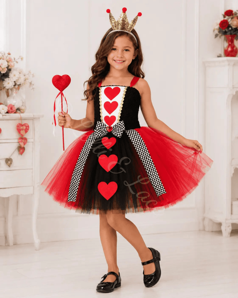 Queen of Hearts Royal Tutu Dress, Crown Headband & Heart Wand Set
