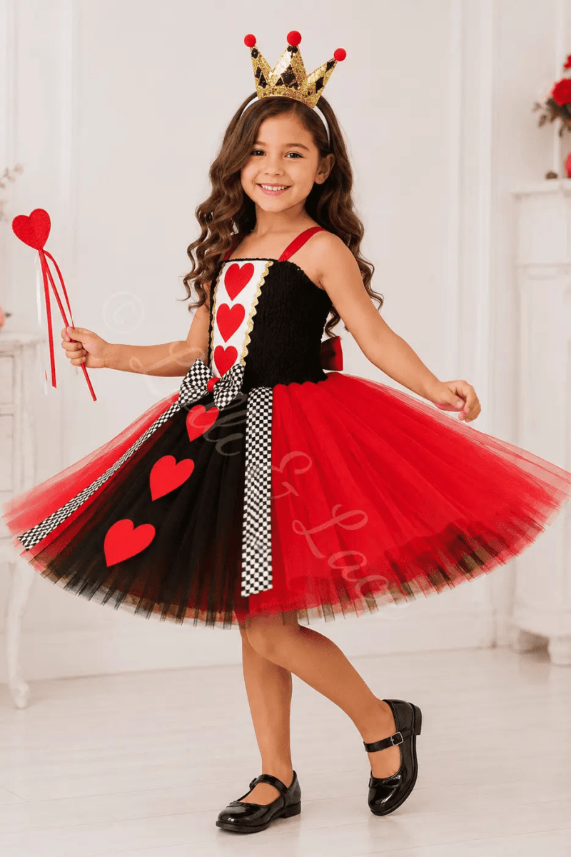 Queen of Hearts Royal Tutu Dress, Crown Headband & Heart Wand Set