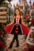 A young girl wearing a Queen of Hearts costume stands in a themed outdoor scene with roses, a castle, and playing card props. The costume includes a black and red dress with red hearts, a black-and-white checkered sash, a gold crown, and black tights.