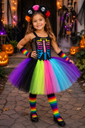 Rainbow skeleton tutu costume for girls with colorful skeleton bodice, rainbow tulle skirt, skull flower headband, striped arm warmers and stockings