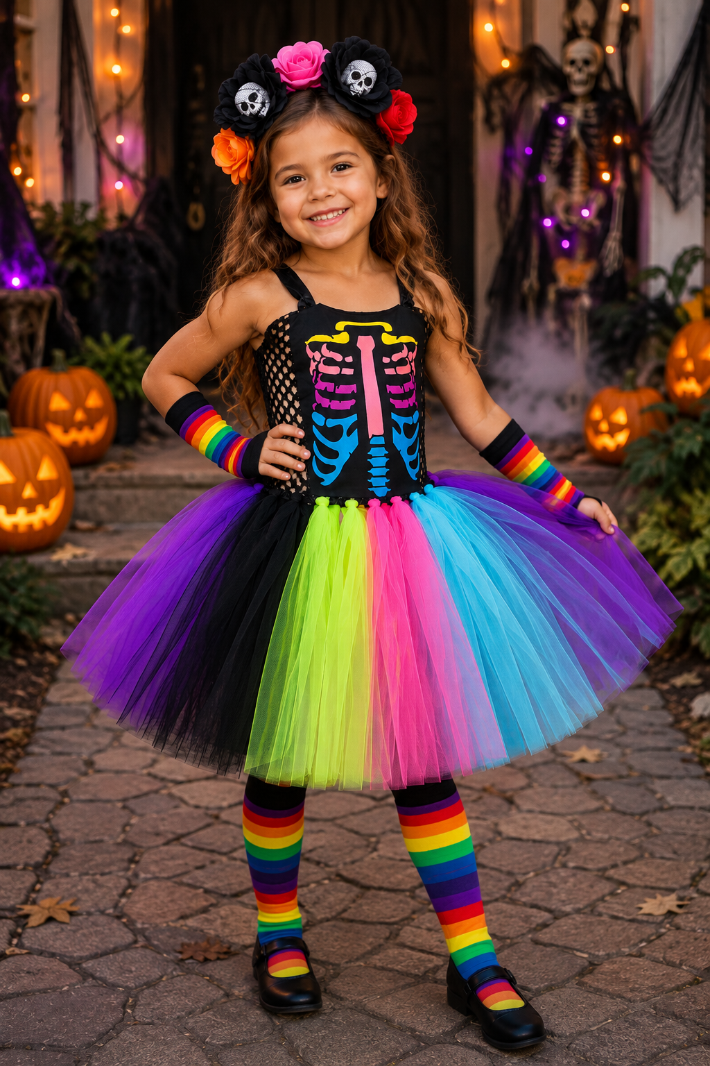 Rainbow skeleton tutu costume for girls with colorful skeleton bodice, rainbow tulle skirt, skull flower headband, striped arm warmers and stockings