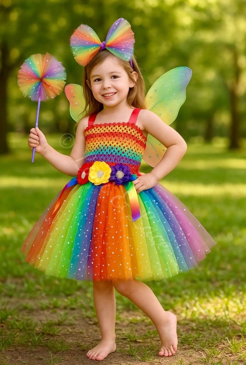 Rainbow Wishes Fairy Princess Tutu Dress, Wings & Wand Costume Set
