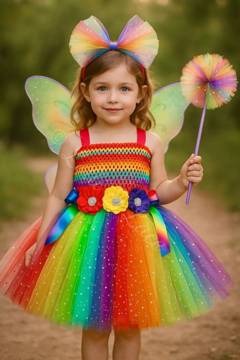 Rainbow Wishes Fairy Princess Tutu Dress, Wings & Wand Costume Set