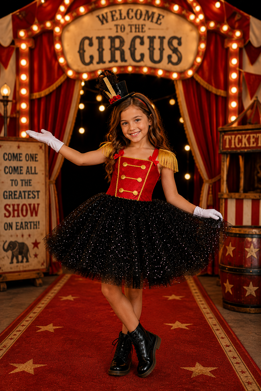 A young girl modeling a circus performer costume in a themed indoor set with a red carpet, star decorations, and a 'Welcome to the Circus' sign in the background.