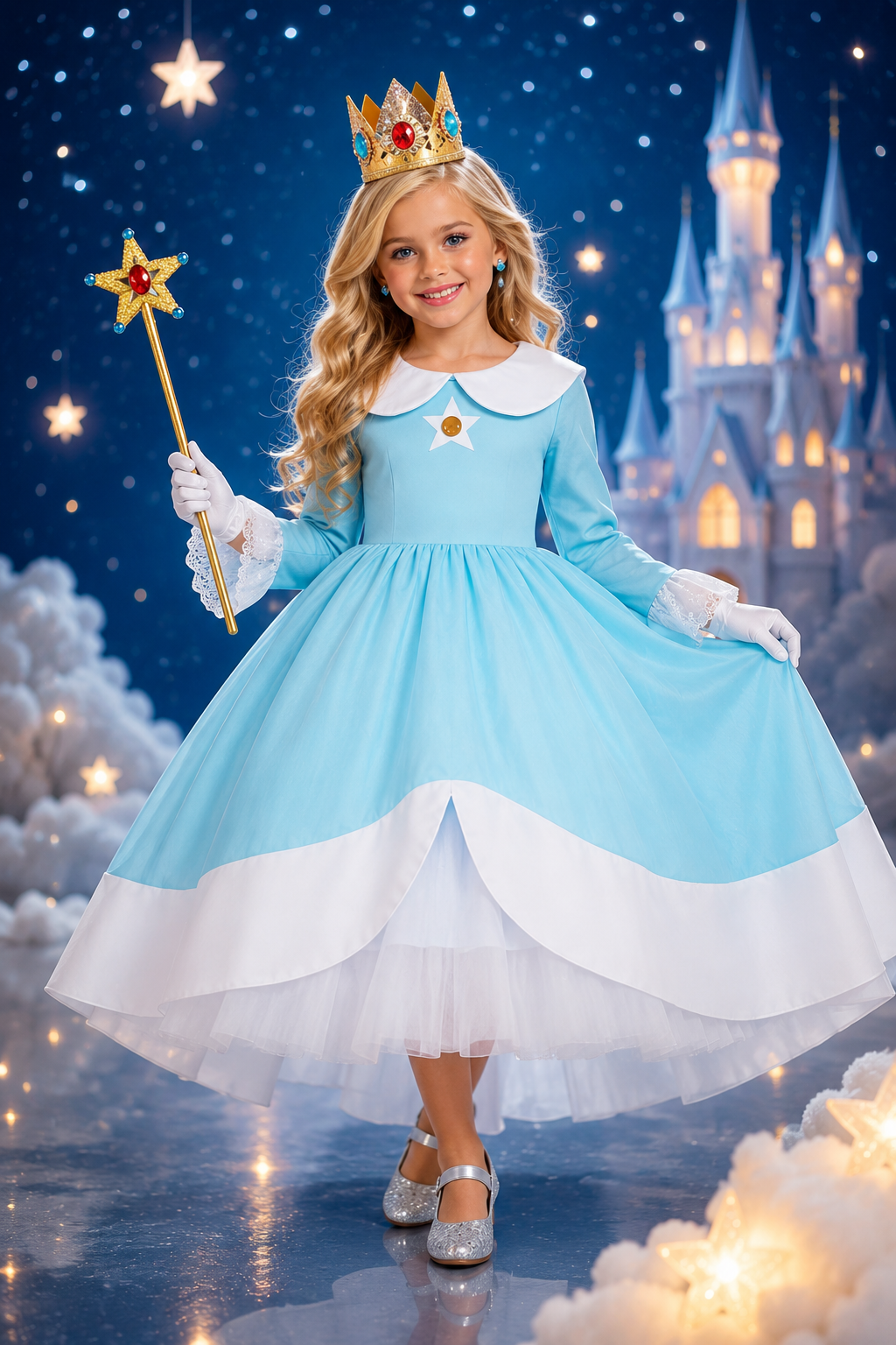 Rosalina costume for girls with blue princess dress, crown, star wand, white gloves and earrings