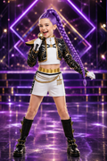 Girl wearing Rumi Demon Hunters costume with black sequin jacket white shorts purple braided wig and gloves