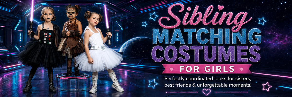 Promotional banner for sibling matching costumes for girls, showing three young girls in coordinated black, brown, and white tutus holding glow sticks on a futuristic neon stage, with large text reading 'Sibling Matching Costumes for Girls' and smaller descriptive copy.