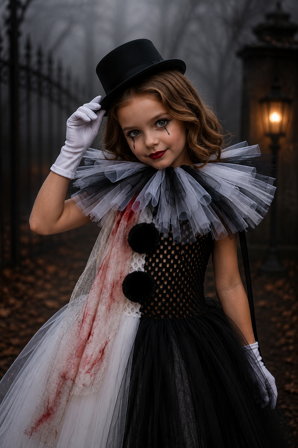 A young girl modeling a creepy clown Halloween costume in a foggy outdoor setting. The costume features a black top hat, white gloves, a black and white ruffled collar, a black fishnet bodice with black pom-poms, and a split tulle skirt that is white with a red blood-stain effect on one side.