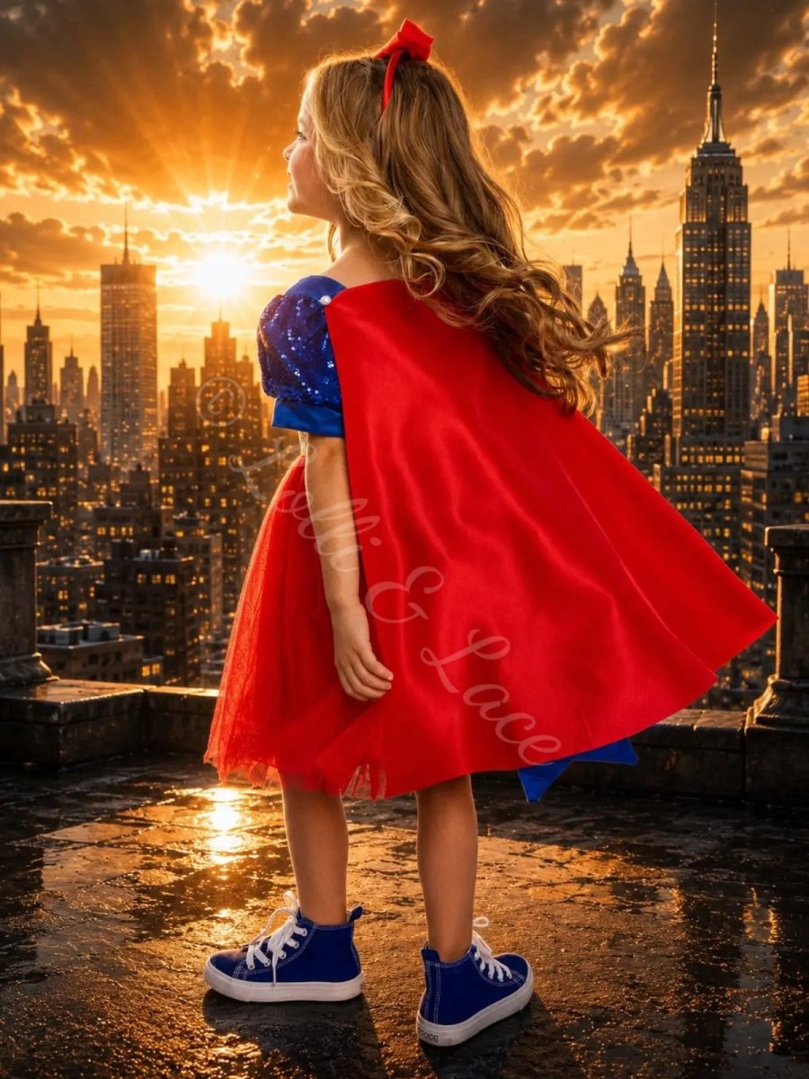 Supergirl Inspired Dress & Cape Costume for Girls – Superhero Princess Halloween Outfit