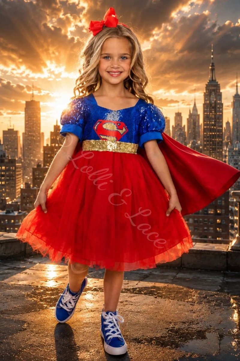 Supergirl Inspired Dress & Cape Costume for Girls – Superhero Princess Halloween Outfit