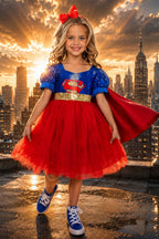 Supergirl Inspired Dress & Cape Costume for Girls – Superhero Princess Halloween Outfit