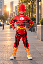 Boy wearing The Flash costume with red speedster suit lightning bolt chest emblem and matching red mask