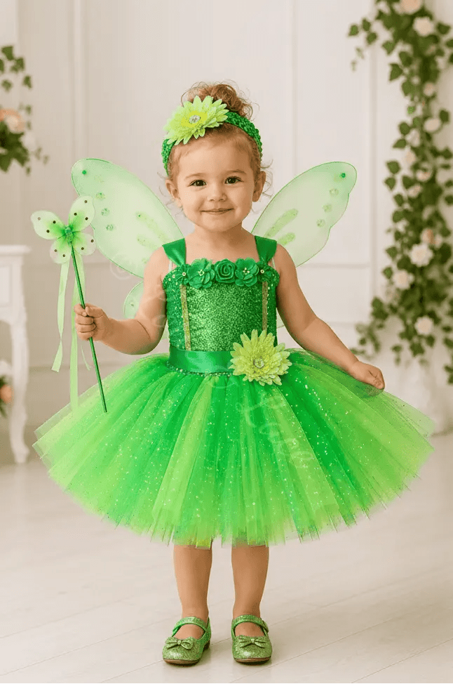 Tinker Bell's Enchanted Fairy Tutu Dress, Wings, Flower Headband & Magic Wand Set for Girls
