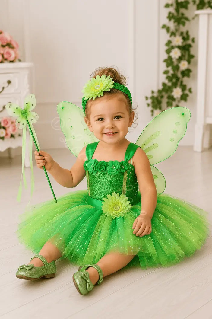 Tinker Bell's Enchanted Fairy Tutu Dress, Wings, Flower Headband & Magic Wand Set for Girls