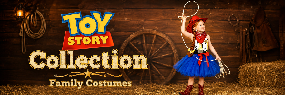 A promotional banner for the Toy Story Collection Family Costumes, featuring a young girl dressed as Woody wearing a cowboy costume with a red hat, blue skirt, and brown boots, standing in a rustic barn setting with a lasso. The left side features the 'Toy Story Collection' logo.