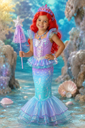 Under the Sea mermaid princess costume set for girls with purple and aqua mermaid dress, red wig, tiara, wand and jewelry
