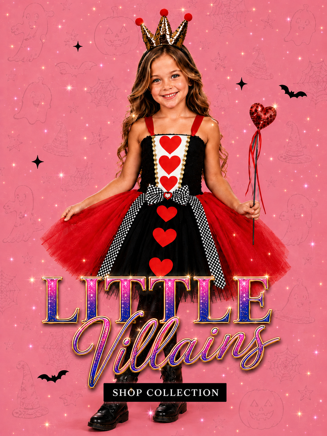 A young girl modeling a Queen of Hearts costume against a pink glittery background. The costume features a black bodice with red hearts, a red tutu skirt, a black and white checkered sash, and a gold crown.