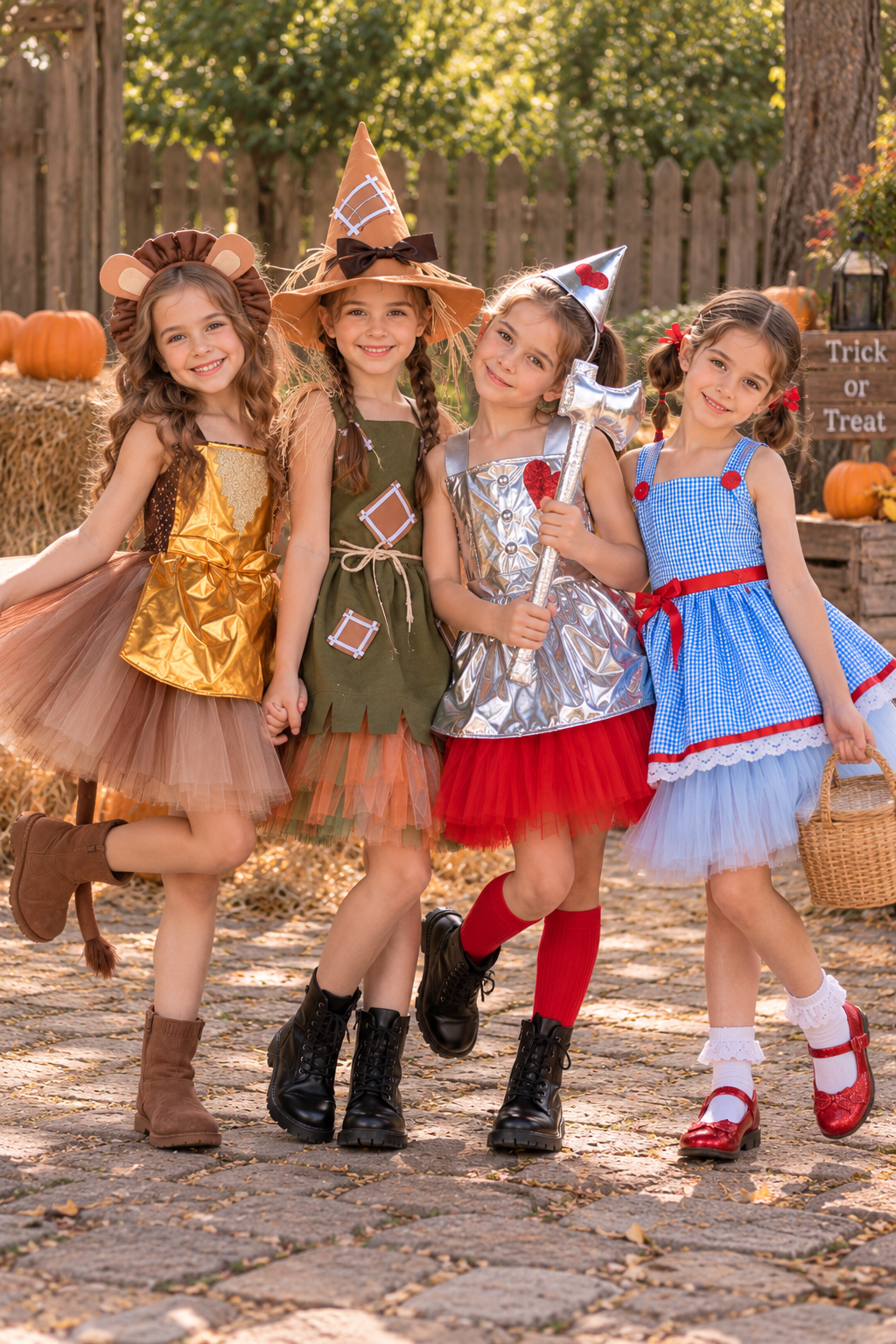 Four young girls wearing Wizard of Oz themed costumes pose together outdoors on a cobblestone path with pumpkins and a wooden fence in the background. The costumes include a lion, green witch, silver wizard, and blue-and-white dress with red accents.