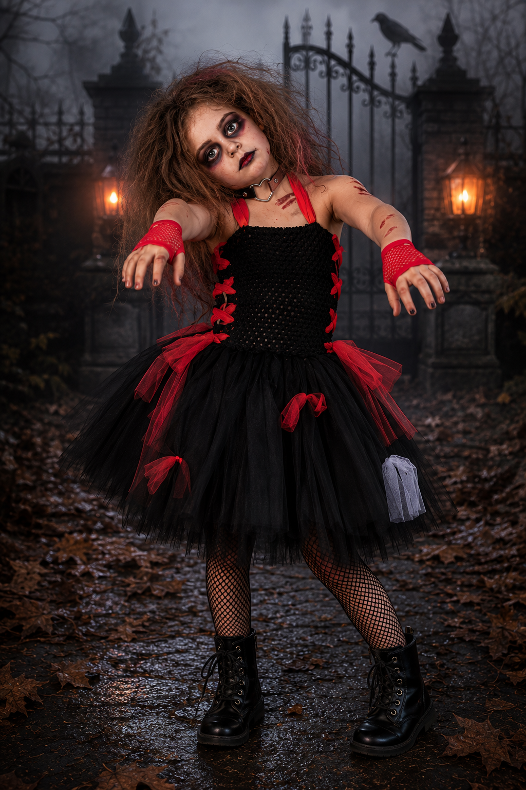Zombie costume for girls with black and red tutu dress fishnet gloves and heart choker
